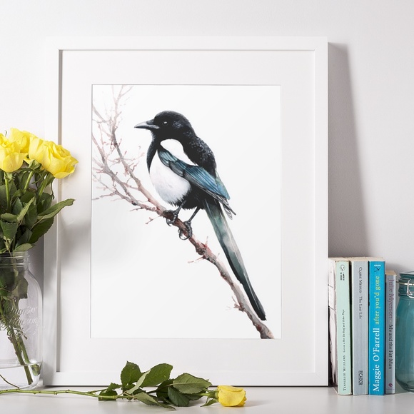 Watercolor Magpie Bird Wall Art Print, Unframed - Elegant Nature-Inspired Decor - Picture 6 of 6